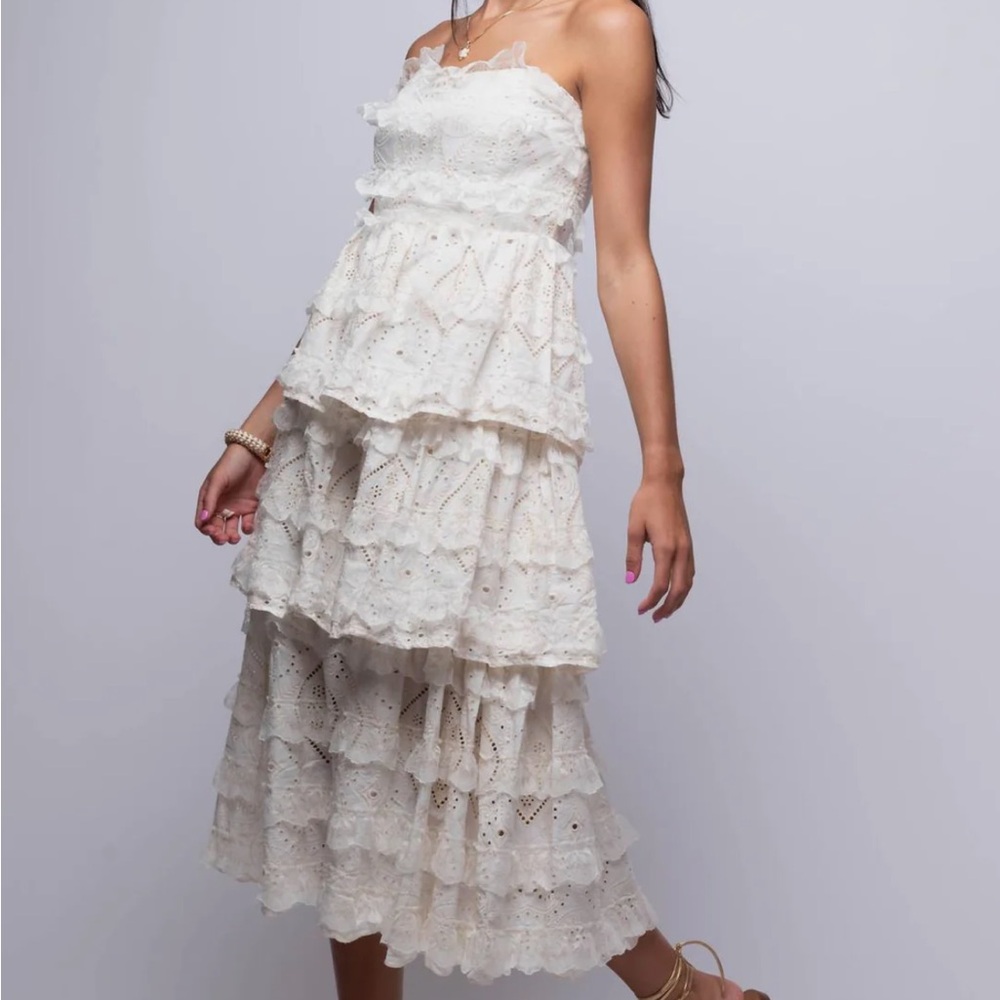 Strapless Ivory Tiered Lace Maxi Dress